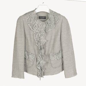 Dolce and Gabbana Grey Tweed Lace-Trim Suit Jacket